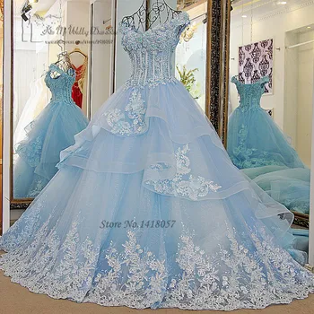Vestido de Noiva Princesa Luxo Винтажные Светло-голубые Свадебные платья 2017 Кружевные свадебные платья Бальное платье в цветочек Плюс Размер Платья невесты 21