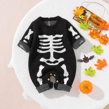 Осенний жаккардовый комбинезон со скелетом на Хэллоуин для малышей 0-18 месяцев Для мальчиков и девочек, свитер со скелетом, комбинезон Теплый и удобный 3