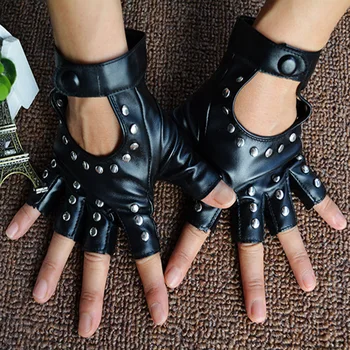 1 Пара черных перчаток без пальцев из искусственной кожи на Хэллоуин, женские перчатки для вождения на полпальца, женские модные перчатки в стиле панк, танцевальные перчатки с заклепками