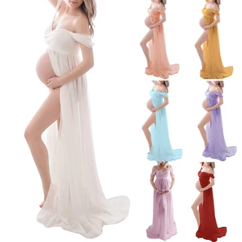Платья для беременных для фотосессии с открытыми плечами, короткий рукав, сетчатое прозрачное длинное платье с разрезом для беременных, женская одежда для беременных 11