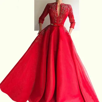 Новый дизайн Красных длинных вечерних платьев с кристаллами И аппликациями, вечерние платья с длинным рукавом 3/4 и поясом Robe de soiree 22