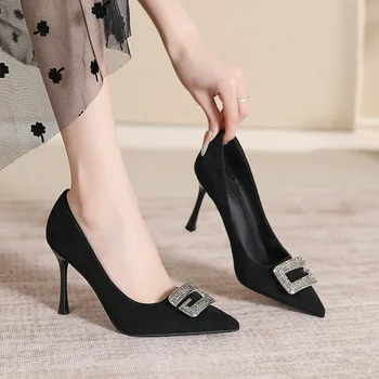 Размер 30-44, однотонные туфли на высоком каблуке со стразами, женская рабочая офисная обувь на шпильке с острым носком