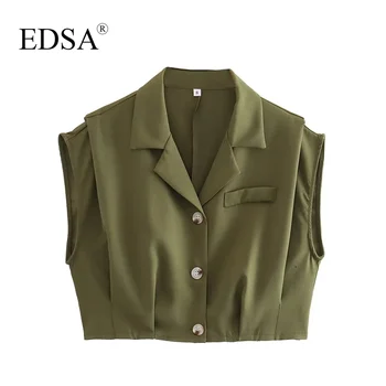 Женский зеленый укороченный жилет EDSA, летний однобортный жилет без рукавов, верхняя одежда на пуговицах спереди для офисных леди, куртка, пальто 2