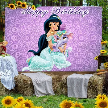 Фиолетовый фон с надписью Disney Принцесса Аладдин Жасмин Мультяшные девушки С Днем Рождения Украшение вечеринки Фоновая фотография 17