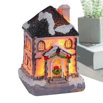 Рождественские домики из смолы, Рождественская светодиодная миниатюрная фигурка Коттеджа, Атмосферное ночное освещение, Маленький Домик для рабочего стола, шкаф, Кофейня