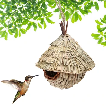 Птичьи домики ручной работы из натуральной травы для маленьких попугайчиков и неразлучников, Подвесное соломенное гнездо для украшения сада 2