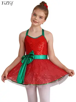 Рождественский танцевальный костюм для детей и девочек, Балетное платье без рукавов с блестками и бантом, представление на коньках, платье-трико, танцевальная одежда