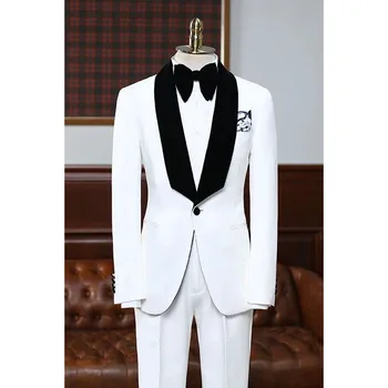 Белые свадебные мужские костюмы для официальных мероприятий, однобортный Черный платок с лацканами на одной пуговице, приталенный пиджак из 2 предметов, брюки, блейзер 1