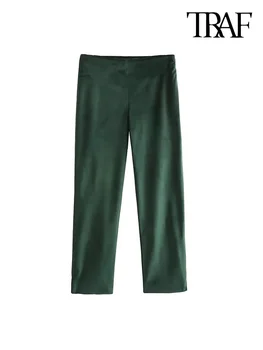 TRAF-Женские вельветовые прямые брюки с высокой талией, боковой молнией, брюки по щиколотку, женская мода