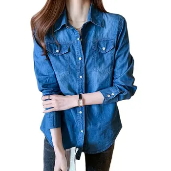 Новая весенне-осенняя женская однобортная блузка с отложным воротником и длинными рукавами, синяя джинсовая рубашка с карманами и пуговицами, повседневные топы 16