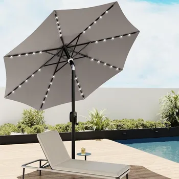 Зонт для патио из ВОСТОЧНОГО дуба, 9-футовый настольный зонт на открытом воздухе, 40 светодиодных солнечных ламп и 8 ребер, 1,9-дюймовый алюминиевый шест, горный серый 6