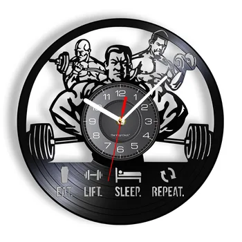 Eat Lift Sleep Repeat Мужской Фитнес-ЗАЛ Вдохновляющая Цитата Тренировки Настенные Часы Мышцы Мужчины Бодибилдинг Виниловая Пластинка Настенные Часы 16