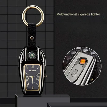 Новая многофункциональная электронная ветрозащитная зажигалка Брелок для ключей с настоящими часами, световой компас, мужская USB-зажигалка 