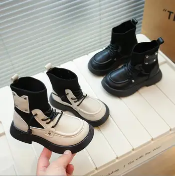 Новые Элегантные Зимние ботинки в корейском стиле, Короткие Ботинки для девочек, Классические Уникальные Детские Универсальные Кожаные Ботинки, Модная детская спортивная обувь 17