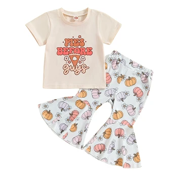 Одежда для маленьких девочек на День Благодарения из 2 предметов, топы с короткими рукавами и принтом в виде пирога с рисунком тыквы, Расклешенные брюки, наряд
