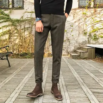 Осень-зима 2023, Новые мужские Облегающие костюмные брюки, Мужские деловые Повседневные шерстяные брюки, Мужские прямые официальные брюки в полоску, P425