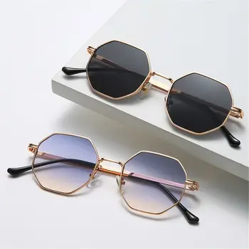 Ретро квадратные солнцезащитные очки для мужчин и женщин, модные солнцезащитные очки в многоугольной оправе, винтажные металлические солнцезащитные очки с защитой от ультрафиолета