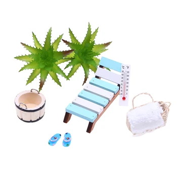 1 комплект 1: 12 Кукольный домик Миниатюрный Летний Пляжный Стул для сауны Ведро для ванны для ног Полотенце Термометр Игрушка для декора сцены обуви 5