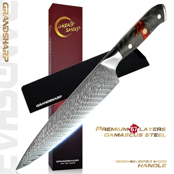 8-дюймовый Дамасский нож шеф-повара AUS-10 Японский кухонный нож из нержавеющей стали для нарезки мяса, рыбы, овощей, ножей GRANDSHARP 1