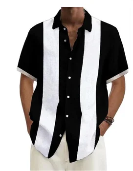 Новый мужской кардиган с короткими рукавами, однобортная рубашка, летний повседневный однотонный полосатый уличный мужской топ с контрастным отворотом 2023