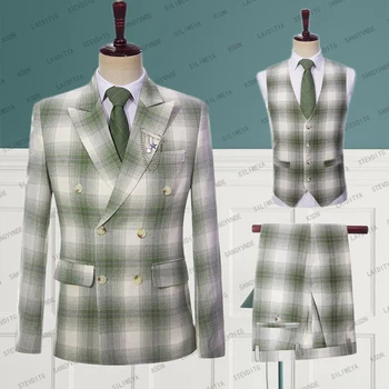 2023 Мужские облегающие летние деловые льняные костюмы в британском стиле, зеленое классическое клетчатое свадебное платье Reto, комплект из 3 предметов (куртки + жилет + брюки) 7