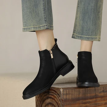 НОВЫЕ осенние женские ботинки, ботинки с круглым носком и массивным каблуком, женская зимняя обувь из натуральной кожи, женские ботинки Челси, черные ботильоны 12