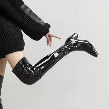 Осень-зима, новые женские ботфорты выше колена, мода 2023, панк, квадратный носок, массивный каблук, готические сапоги для женщин, модельная обувь на каблуке 5