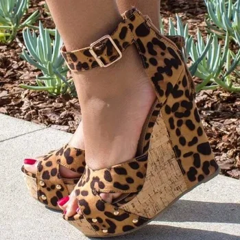 Женские Сексуальные Леопардовые пряжки, вырезы, открытый носок, босоножки на танкетке и платформе, Клубные лоскутные босоножки на высоком каблуке, обувь большого размера 6