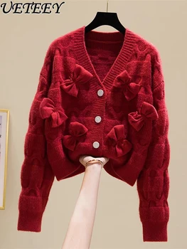 Новое поступление, красный свитер, пальто, женский осенне-зимний утолщенный Короткий Новогодний вязаный кардиган, куртка, свитера, леди 14
