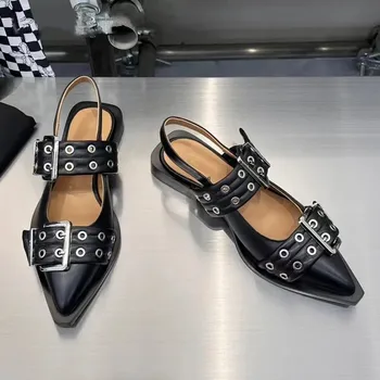 2023 Новые летние женские туфли на плоской подошве с металлической пряжкой в стиле панк, повседневная обувь с острым носком, Шлепанцы с ремешком сзади, дизайнерские сандалии, женская обувь 7