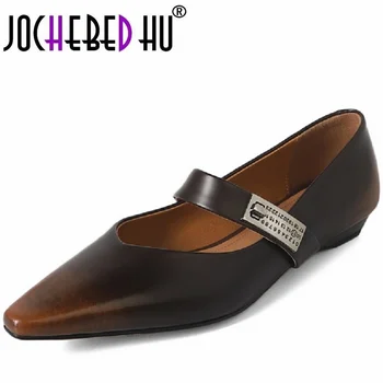 【JOCHEBED HU】 Обувь Mary Jane из натуральной кожи с мелким носком; Женская обувь на плоской подошве во французском ретро-стиле; Лоферы с пряжкой 34-40 6