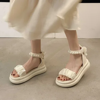 Женская обувь 2023, модные женские босоножки с ремешком и пряжкой, летние уличные повседневные однотонные женские туфли с круглым носком и узлом-бабочкой 6