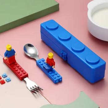 Нержавеющая детская Забавная Вилка, набор ложек для хранения игрушек-головоломок, детский строительный блок, Мультяшные Игрушки-головоломки, посуда 14