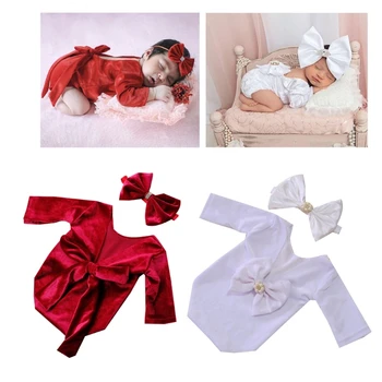 Реквизит для фотосъемки младенцев, комбинезон с длинным рукавом, головной убор с бантом, костюм для фотосессии, одежда для фотосессии, подарок для душа новорожденного, 2 шт. 20