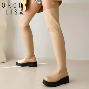 Женские эластичные ботинки ORCHA LISA с круглым носком на толстом каблуке 5 см, без застежки, Пикантные вечерние женские ботильоны до бедра, Большие размеры 41, 42, 43 7