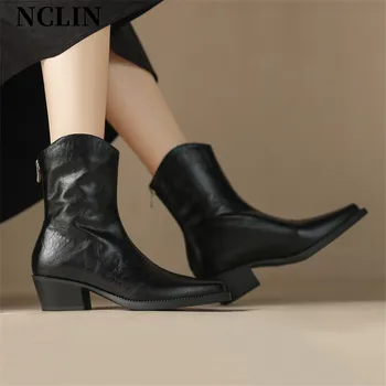 2024 Новые осенние женские ботинки из спилка с острым носком на массивном каблуке для женщин, лаконичные короткие ботинки, зимние ботинки в западном стиле 2
