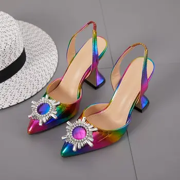 Новые летние женские туфли на высоком каблуке, модные разноцветные босоножки на каблуке в виде бокала вина, украшенные стразами Туфли на высоком каблуке с острым носком 14