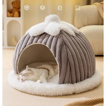 Зимняя теплая кровать для кошки / собаки, закрытый домик для домашних животных, милый коврик для котенка, щенка 1