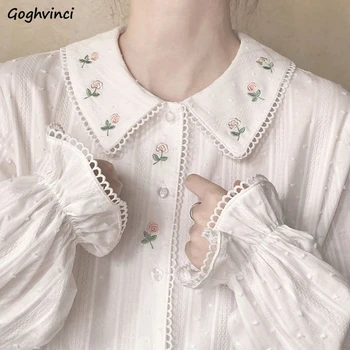 Рубашки с длинным рукавом Женские Винтажные с милой цветочной вышивкой, свободный воротник 