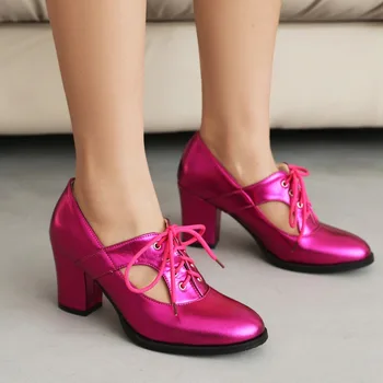 Новые женские Массивные туфли Mary Jane на шнуровке, Модные женские туфли Mary Jane с круглым носком на каблуке цвета: Золотистый, Серебристый, Розовый, Размеры 34-46 8