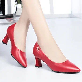 Размер 35-40 Женские красные свадебные туфли из спилка на высоком каблуке 6 см с острым носком, Пикантные черные каблуки 23