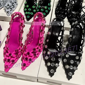 Замшевые туфли-лодочки в сетку, украшенные кристаллами, Женские роскошные туфли на высоком каблуке с острым вырезом, Летние Элегантные вечерние женские туфли-лодочки с перекрестным ремешком 22