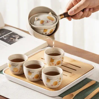 Чайник с четырьмя чашками ленивого чая Артефактный Чайный набор Кунг-фу Автоматический вращающийся чайник Керамический чайник 23