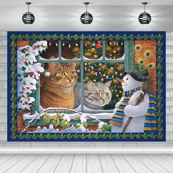 Счастливого Рождества Рождественский Ретро Декор Фон Камин Зимний Снег Кошка Фотография Окна Луна Санта Баннер Декоративный Фон 22