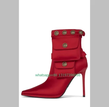 Женские красные пятнистые карманы, ботильоны с острым носком, винтажные золотые пуговицы, ботинки на высоком каблуке, черные пятнистые ботинки, размер обуви 35-46 21