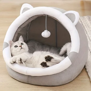 Уютная кровать-пещера с мультяшным котом - вашему котенку будет тепло и уютно в этом милом домике для домашних животных! 10