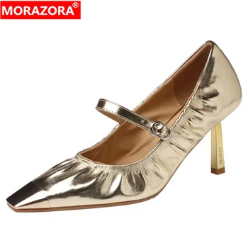 MORAZORA Обувь из натуральной кожи Женские туфли лодочки Mary Janes С квадратным носком цвета: Золотистый, серебристый, на шпильке, на высоком каблуке, Вечерние Свадебные туфли 18