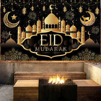 Украшение баннера Eid Черное золото Религиозные благословения Дверной плакат Анти-выцветающий полиэстер с рисунком Луны и звезды на передней двери Знак 10