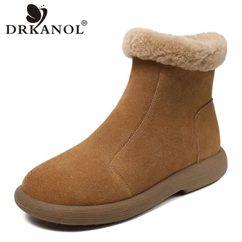 Классические зимние ботинки DRKANOL, женская зимняя теплая обувь, качественная коровья замша, хлопковые ботильоны на молнии с круглым носком и плоским каблуком, женские Ботильоны 19