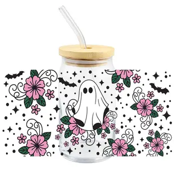 Halloween Ghost V DTF Трансферная печать, Наклейка на прозрачную чашку для стеклянных кофейных чашек, 16 унций, Набор для упаковки стеклянных чашек своими руками 8
